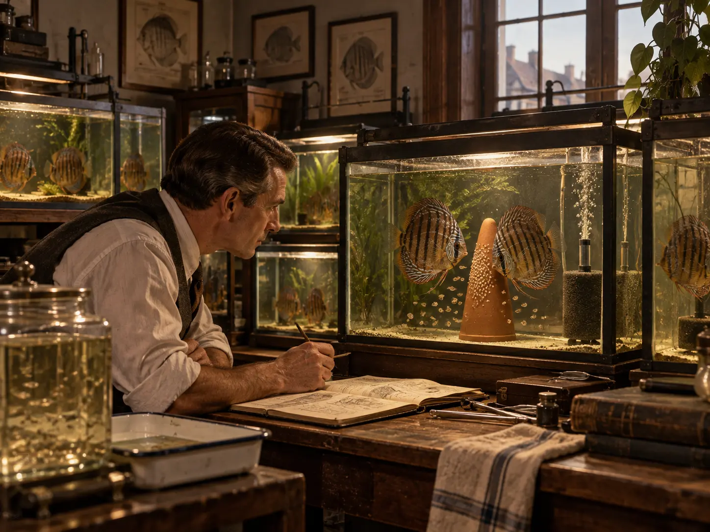 Illustrative Rekonstruktion eines historischen Zuchtraums mit frühen Aquarien und einem Aquarianer bei der Beobachtung von Diskusfischen
