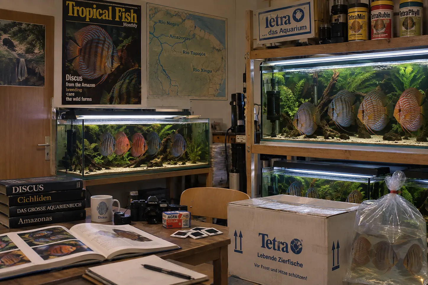 Illustrative Rekonstruktion eines südostasiatischen Diskuszuchtraums der 1980er-Jahre mit Aquarien und zeittypischer Ausstattung